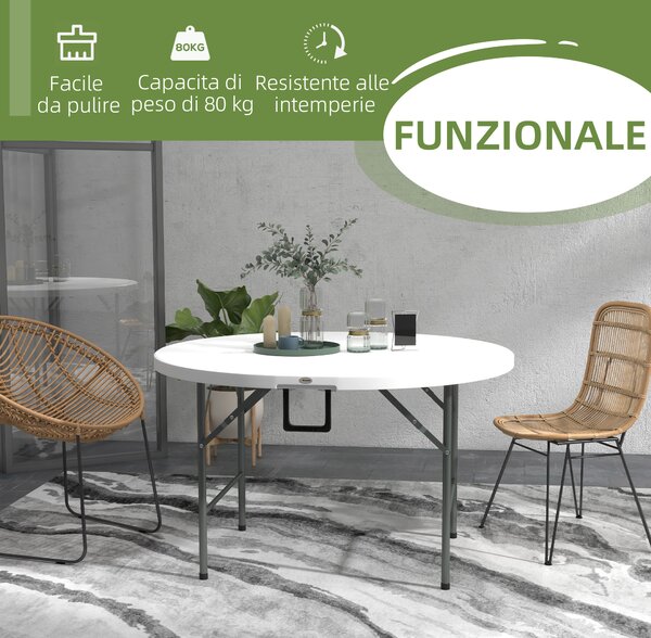 Outsunny Tavolo Pieghevole per Giardino e Campeggio, in Acciaio e HDPE, Ø122x73 cm, Grigio e Bianco|Aosom