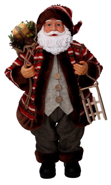 Babbo natale in tessuto marrone e rosso con slittino cm xh60