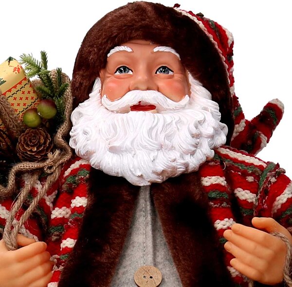 Babbo natale in tessuto marrone e rosso con slittino cm xh60