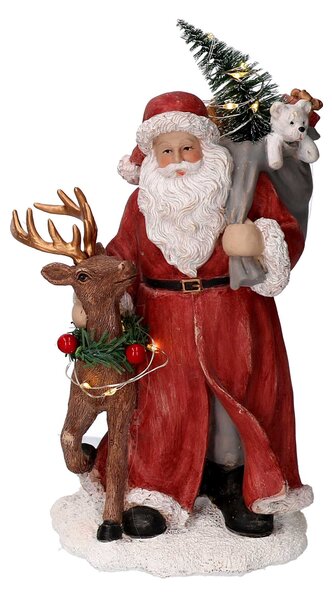Babbo natale in resina con renna rosso con led cm 11,5x11xh21