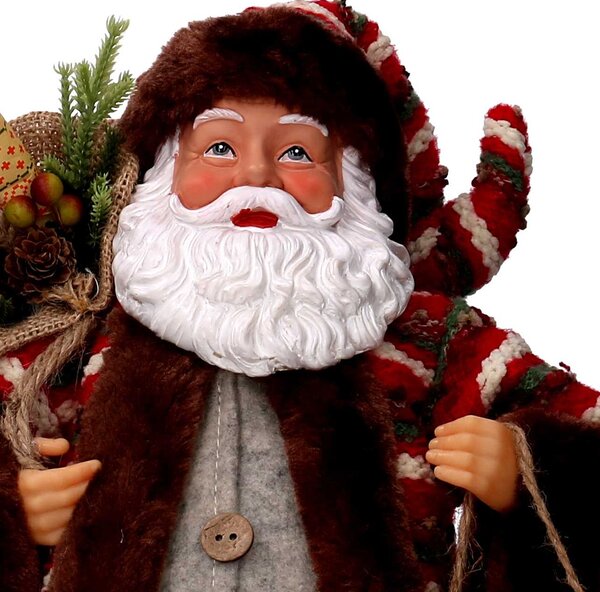 Babbo natale in tessuto marrone e rosso con slittino cm xh45