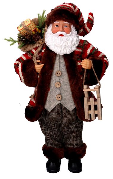 Babbo natale in tessuto marrone e rosso con slittino cm xh45
