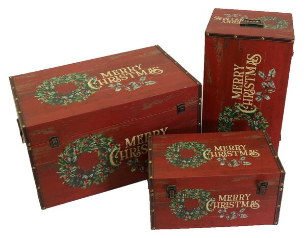 Set 3 Bauli in similpelle con ghirlanda rettangolare rosso