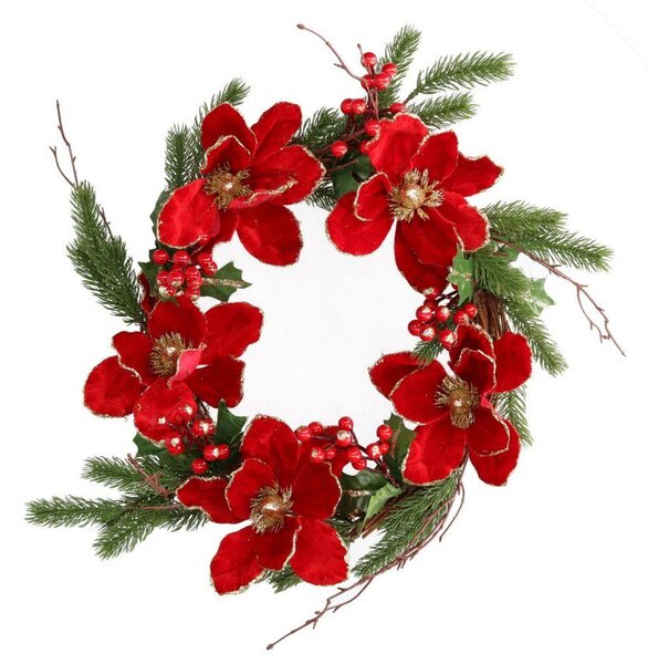 Coroncina fiori bacche rosso oro tondo cm Ø50x40