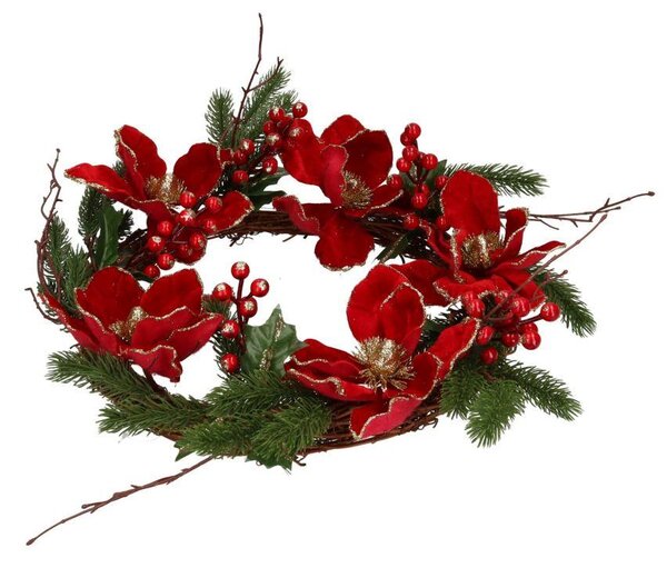Coroncina fiori bacche rosso oro tondo cm Ø50x40