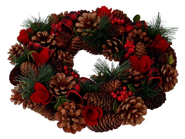 Coroncina con pigne e fiori rosso scozzese cm Ø33xh8