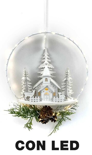 Ghirlanda metallo led con chiesa bianco cm 25x7x47,5