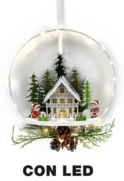 Ghirlanda metallo led con casetta bianco cm 25x7x47,5