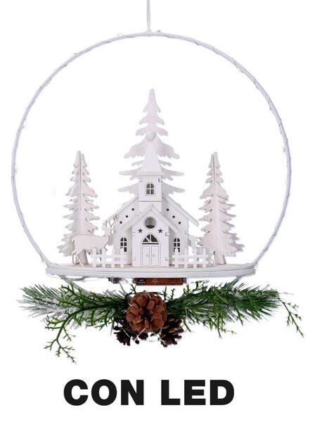 Ghirlanda metallo led con chiesa bianco cm 25x7x47,5