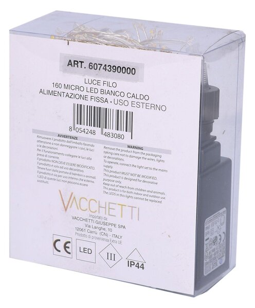 Luce filo 160 micro led bianco caldo alimentazione fissa uso esterno cm 1x1x200