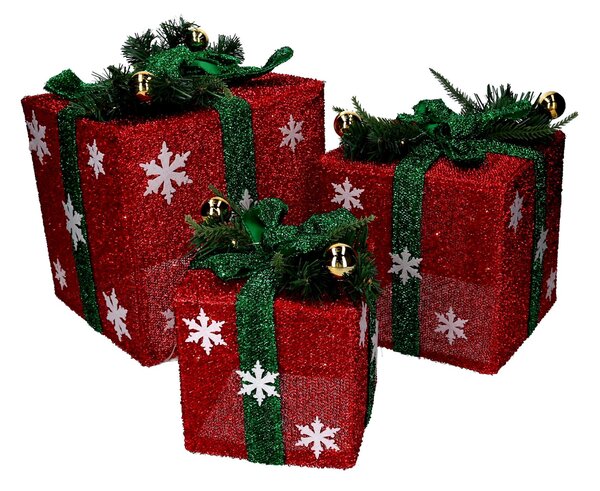 Set 3 Pacchi regalo fiocchi di neve verde e rosso
