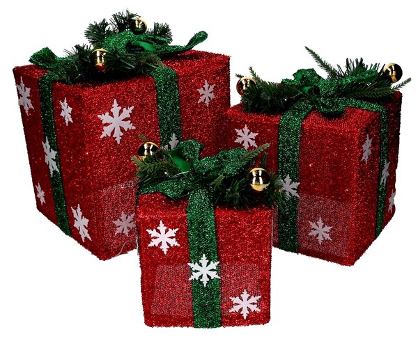 Set 3 Pacchi regalo fiocchi di neve verde e rosso