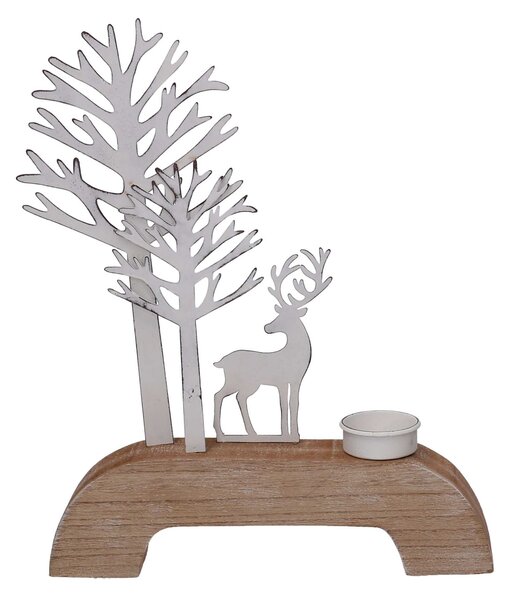 Portacandele metallo renna e albero bianco cm 24,5x4,2xh30