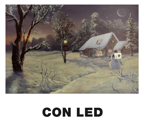 Quadro con led legno casa innevata multicolor rettangolare cm 60x40xh1,8