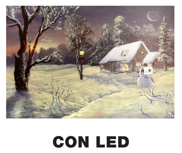 Quadro con led legno casa innevata multicolor rettangolare cm 60x40xh1,8