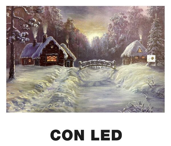Quadro con led legno case innevate multicolor rettangolare cm 60x40xh1,8