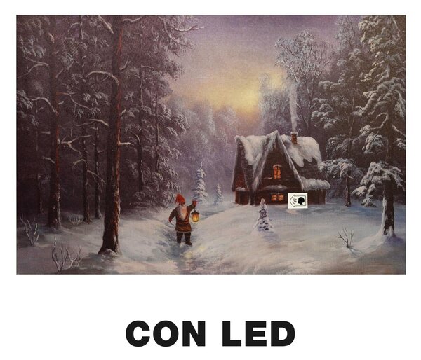 Quadro con led legno casa innevata multicolor rettangolare cm 60x40xh1,8