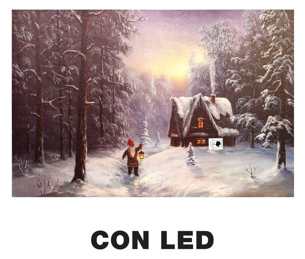 Quadro con led legno casa innevata multicolor rettangolare cm 60x40xh1,8