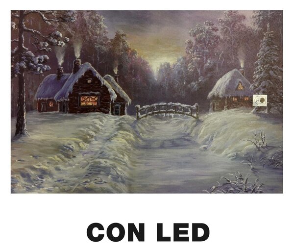 Quadro con led legno case innevate multicolor rettangolare cm 60x40xh1,8