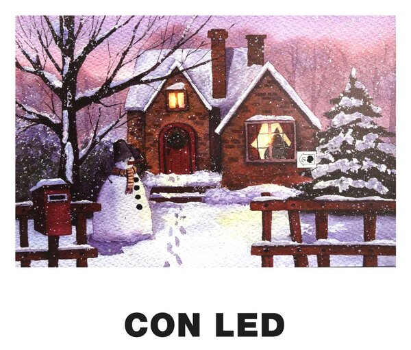 Quadro con led legno casa innevata multicolor rettangolare cm 60x40xh1,8