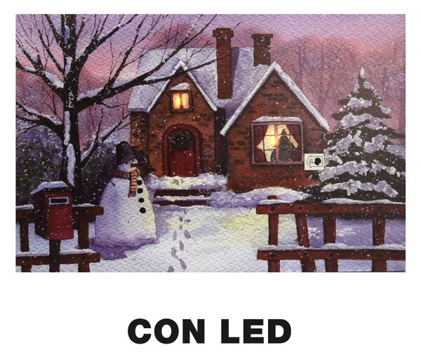 Quadro con led legno casa innevata multicolor rettangolare cm 60x40xh1,8