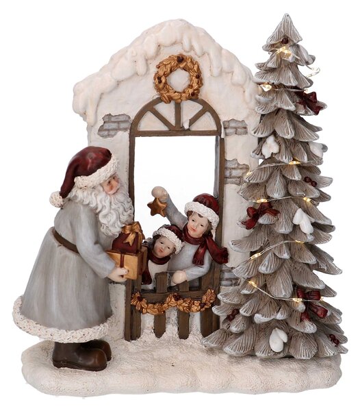 Statua resina babbo natale e bambini grigio con led cm 22x9,5xh22,5