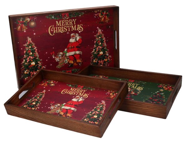 Set 3 Vassoi in legno con scritta Merry Christmas rettangolare