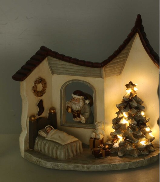 Statua resina casetta babbo natale grigio con led cm 18x11xh17