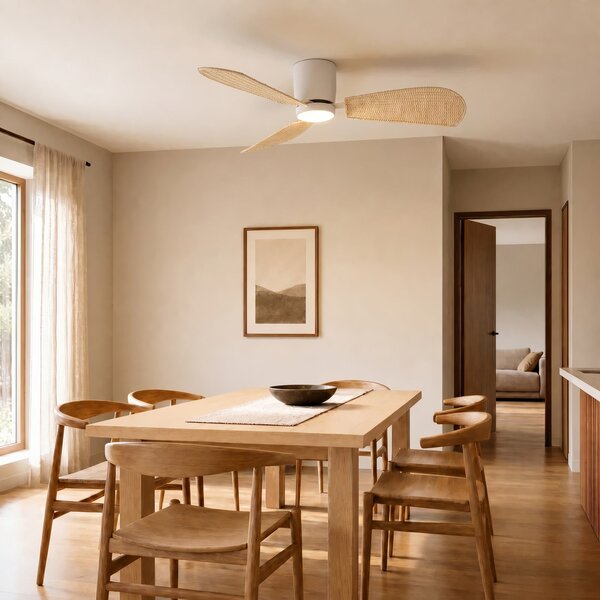 Ventilatore da soffitto LED Faipari con luce, bianco/rattan, 132 cm, DC - Lucande, Faipari, Legno, Soggiorno, Legno, Moderno