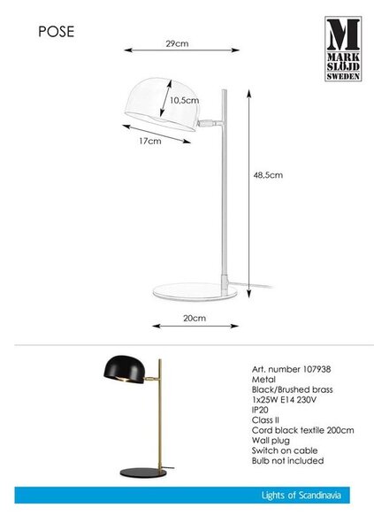 Lampada da tavolo nera con supporto in rame Pose - Markslöjd