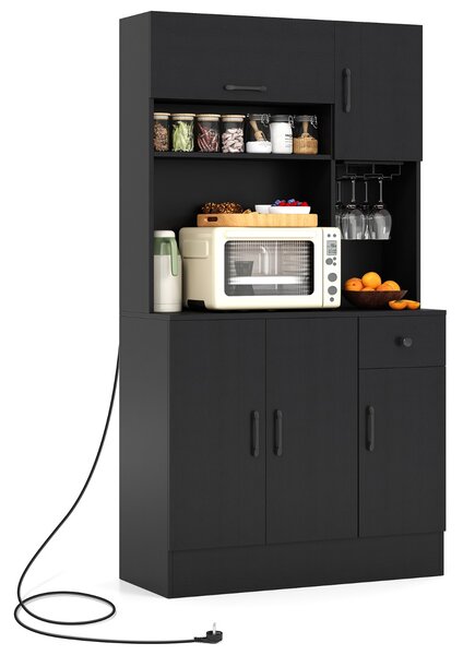 Costway Armadio dispensa con vetrina e prese di corrente, Armadio da cucina con portabicchieri Nero