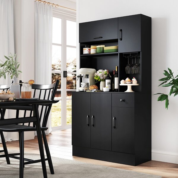 Costway Armadio dispensa con vetrina e prese di corrente, Armadio da cucina con portabicchieri Nero