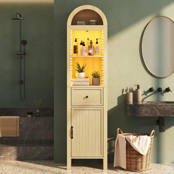 Mobile bagno autoportante, con illuminazione a LED, cassetto e porta reversibile, dimensioni 40 x 30 x 163 cm, finitura in legno naturale