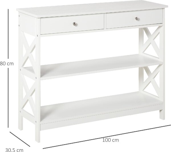 DecHome Consolle Ingresso Design Moderno con 2 Cassetti e 2 Mensole Dimensioni 100x30.5x80 cm colore Bianco