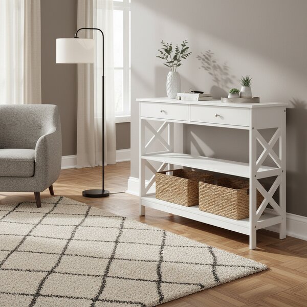 DecHome Consolle Ingresso Design Moderno con 2 Cassetti e 2 Mensole Dimensioni 100x30.5x80 cm colore Bianco