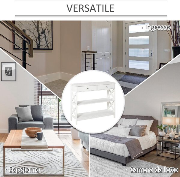 DecHome Consolle Ingresso Design Moderno con 2 Cassetti e 2 Mensole Dimensioni 100x30.5x80 cm colore Bianco