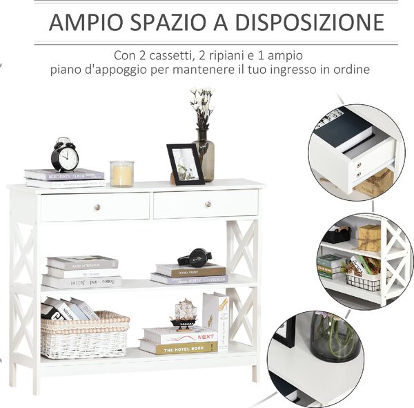 DecHome Consolle Ingresso Design Moderno con 2 Cassetti e 2 Mensole Dimensioni 100x30.5x80 cm colore Bianco