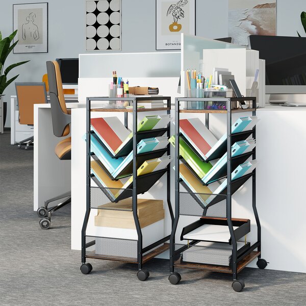 Costway Carrello portalibri con 4 ruote per casa e ufficio, Carrellino portadocumenti con struttura metallica pannello in legno Nero