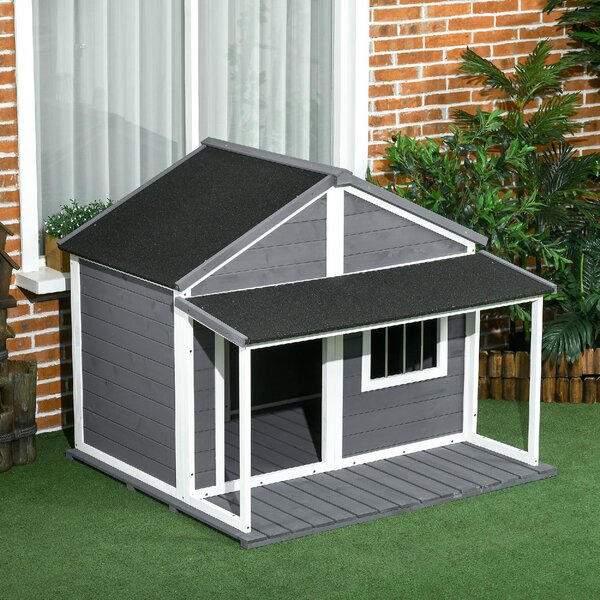 AllMyPets Cuccia per Cani da Esterno con Terrazza Finestra e Tetto Impermeabile 124x112x105cm Grigio