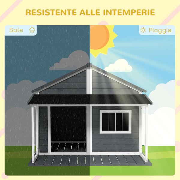 AllMyPets Cuccia per Cani da Esterno con Terrazza Finestra e Tetto Impermeabile 124x112x105cm Grigio