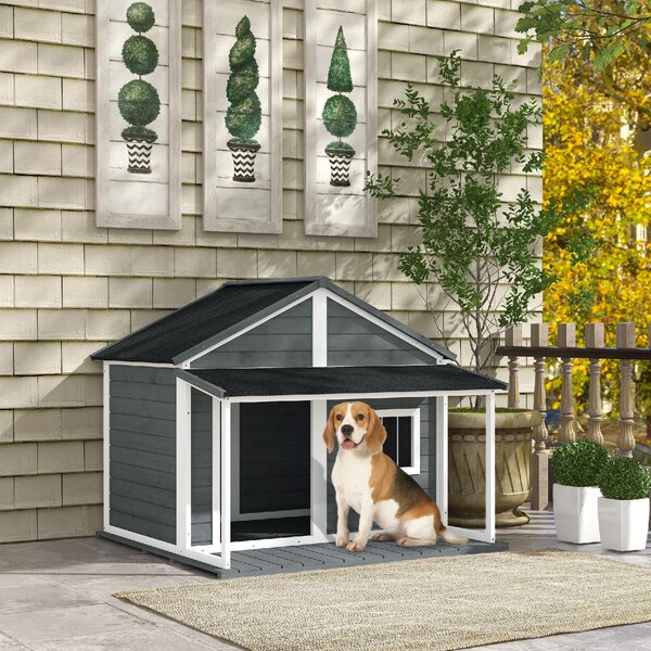AllMyPets Cuccia per Cani da Esterno con Terrazza Finestra e Tetto Impermeabile 124x112x105cm Grigio