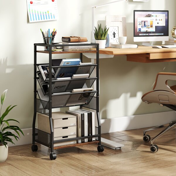 Costway Carrello portalibri con 4 ruote per casa e ufficio, Carrellino portadocumenti con struttura metallica pannello in legno Nero