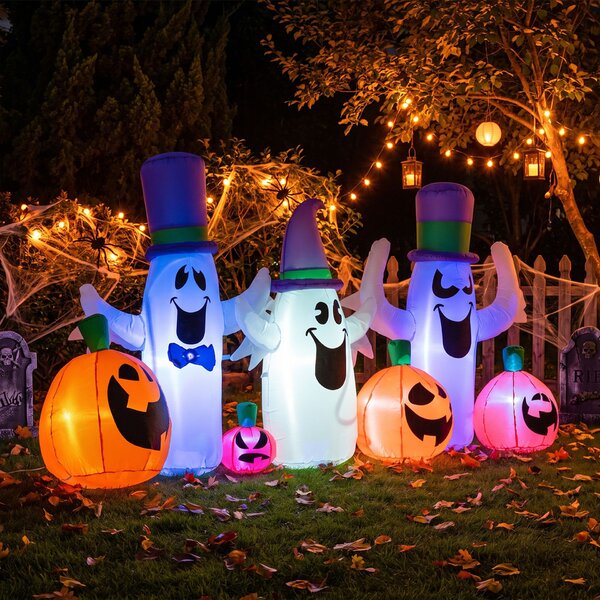Costway Set da 7 pezzi decorazioni gonfiabili di halloween per giardino e balcone, Decorazioni gonfiabili con 4 zucche e 3 fantasmi luci led ventilatore integrato