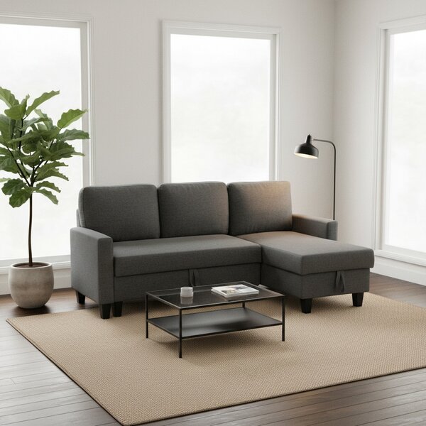 DecHome Divano Angolare 3 Posti Moderno con Chaise Longue Letto Estraibile Vano Contenitore in Tessuto Effetto Lino Dimensioni 197x129x85 cm colore