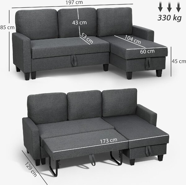 DecHome Divano Angolare 3 Posti Moderno con Chaise Longue Letto Estraibile Vano Contenitore in Tessuto Effetto Lino Dimensioni 197x129x85 cm colore