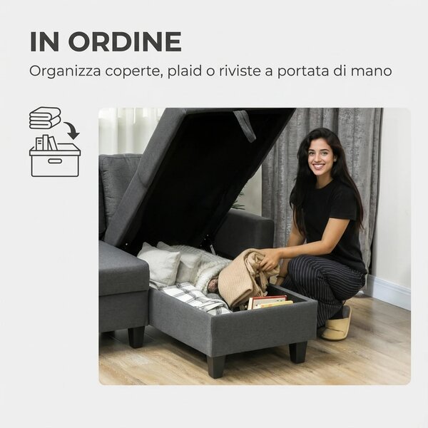 DecHome Divano Angolare 3 Posti Moderno con Chaise Longue Letto Estraibile Vano Contenitore in Tessuto Effetto Lino Dimensioni 197x129x85 cm colore