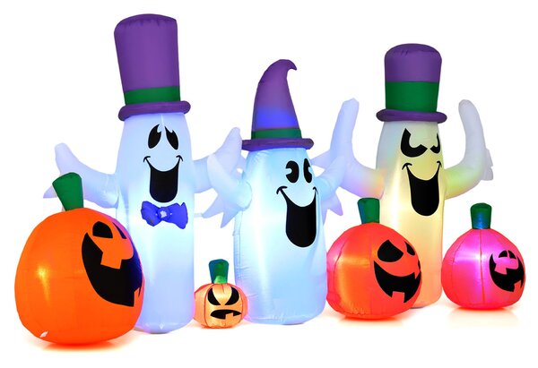 Costway Set da 7 pezzi decorazioni gonfiabili di halloween per giardino e balcone, Decorazioni gonfiabili con 4 zucche e 3 fantasmi luci led ventilatore integrato