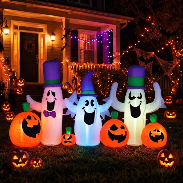 Costway Set da 7 pezzi decorazioni gonfiabili di halloween per giardino e balcone, Decorazioni gonfiabili con 4 zucche e 3 fantasmi luci led ventilatore integrato