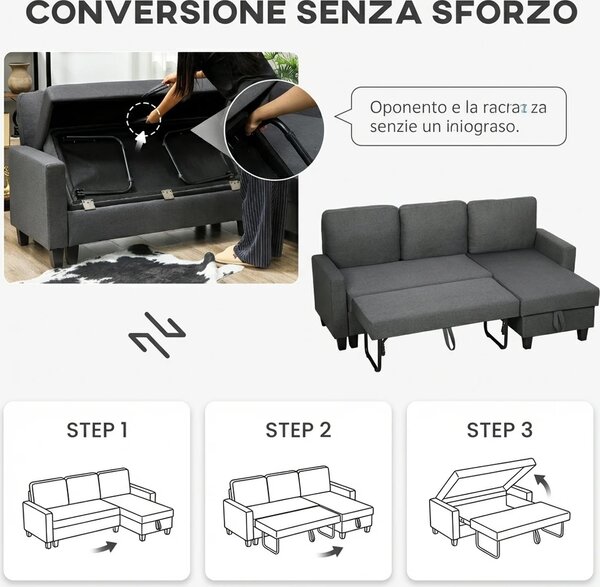 DecHome Divano Angolare 3 Posti Moderno con Chaise Longue Letto Estraibile Vano Contenitore in Tessuto Effetto Lino Dimensioni 197x129x85 cm colore