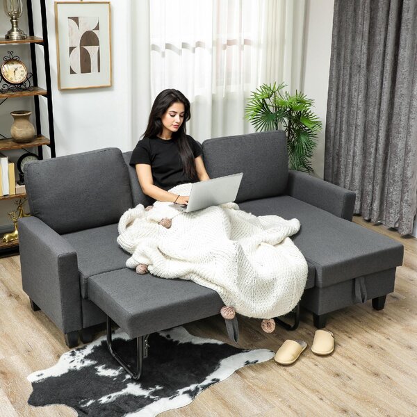DecHome Divano Angolare 3 Posti Moderno con Chaise Longue Letto Estraibile Vano Contenitore in Tessuto Effetto Lino Dimensioni 197x129x85 cm colore